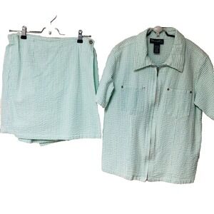 Denim‎ & Co Womens Aqua Seersucker Skort Shirt Set Golf Pickleball Weekends M